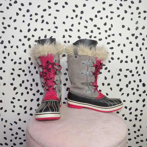 Sorel Other - Sorel Gray Faux Fur Trim Girls Lace Up Winter Tofino Boots